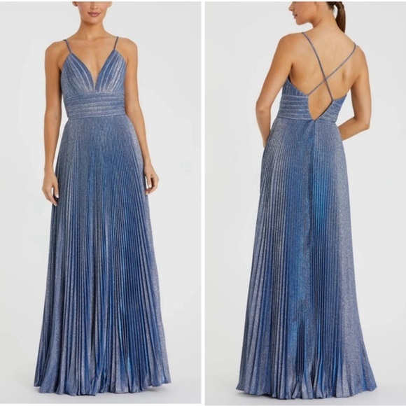 Mac Duggal Pleated Metallic V-Neck Maxi Gown in Royal Silver - Picture 2 of 10